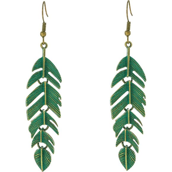 Jewelry - Floating Feathers Earrings Handmade Boho Vintage Green Bronze Lightweight Statem